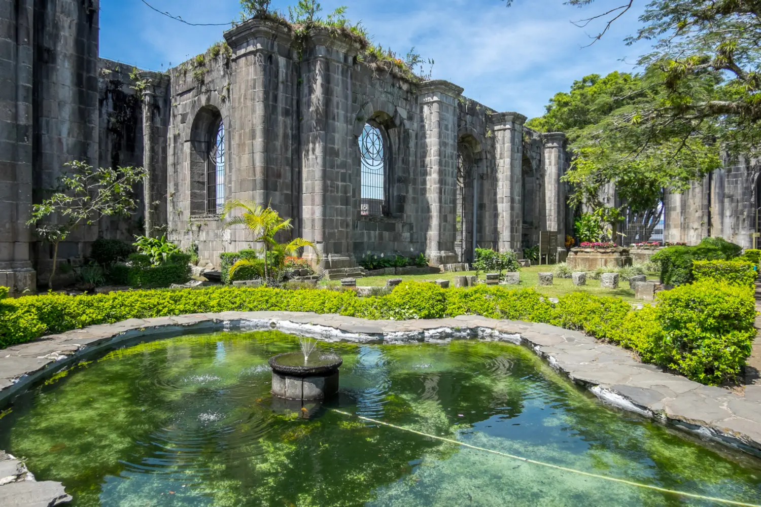 Des ruines entourées de verdure avec un bassin d'eau
