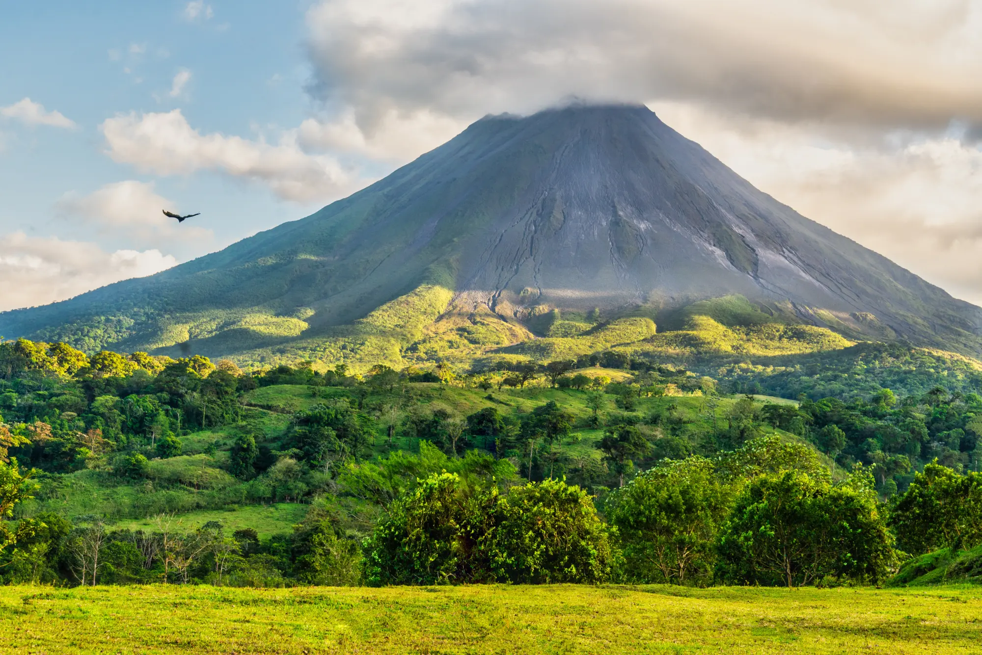 Un volcan inactif entouré de verdure