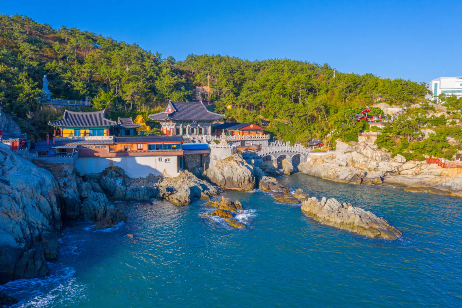 Vue aérienne du temple Haedong Yonggungsa et de la baie à Busan