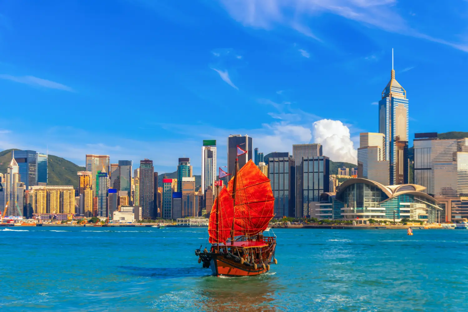 Le port Victoria à Hong Kong avec un bateau de jonque traditionnel traditionnel naviguant devant la silhouette de la ville