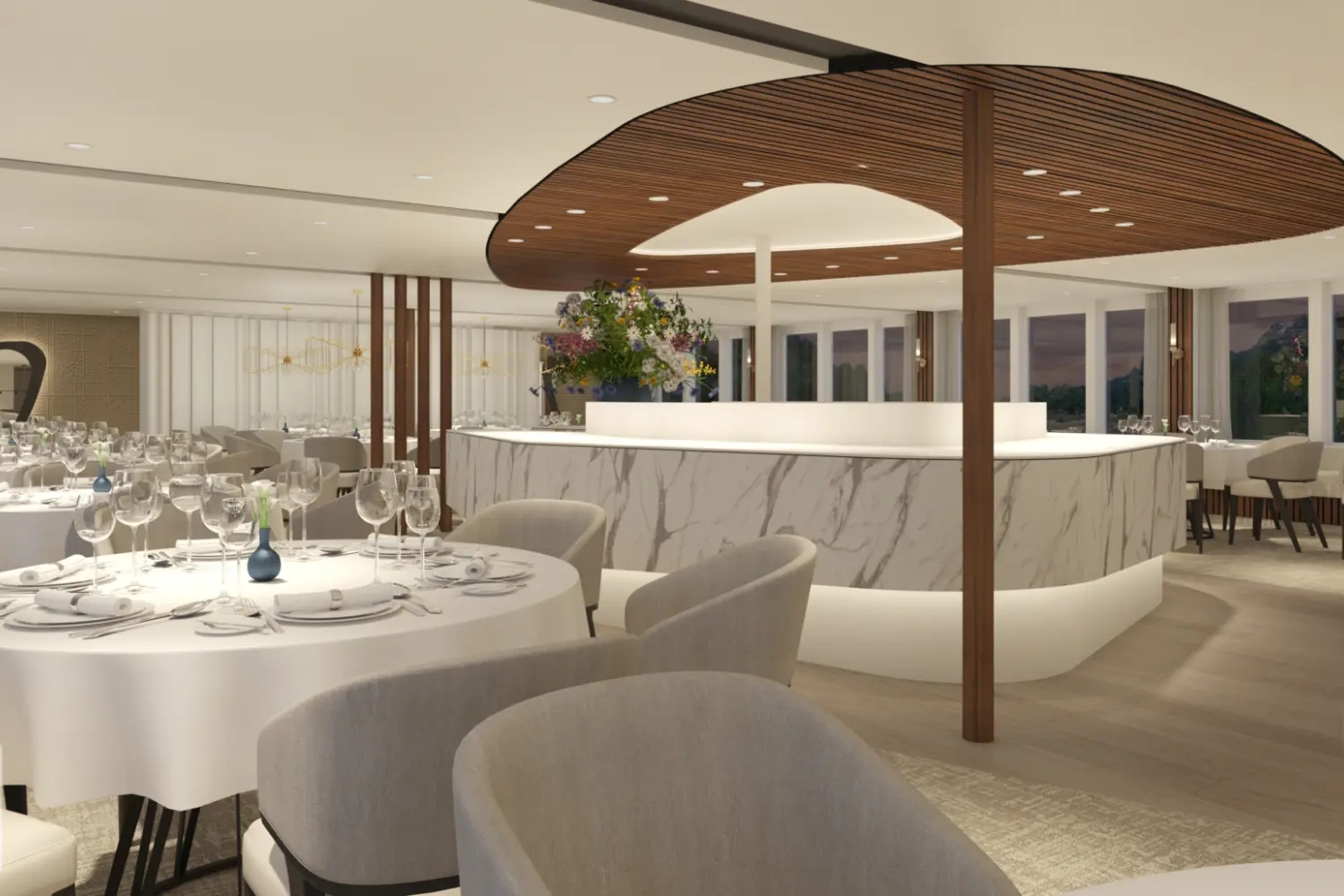 Vue intérieure du restaurant à bord de l'Amadeus  Amara de Lüftner Cruises