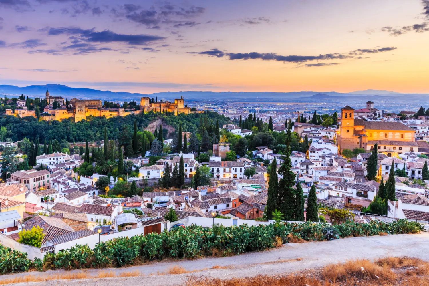 Vue sur la célèbre forteresse de l'Alhambra et le quartier de l'Albaicin à Grenade au crépuscule