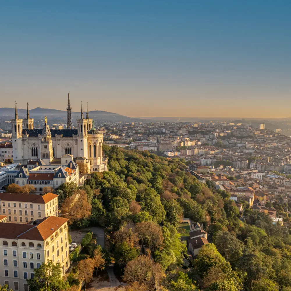 Lyon, Basilique Notre-Dame-de-Fourvière, Colline, France, Vue aérienne