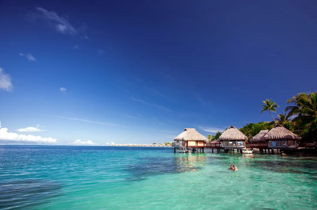 Vue sur des bungalows sur pilotis en Polynésie
